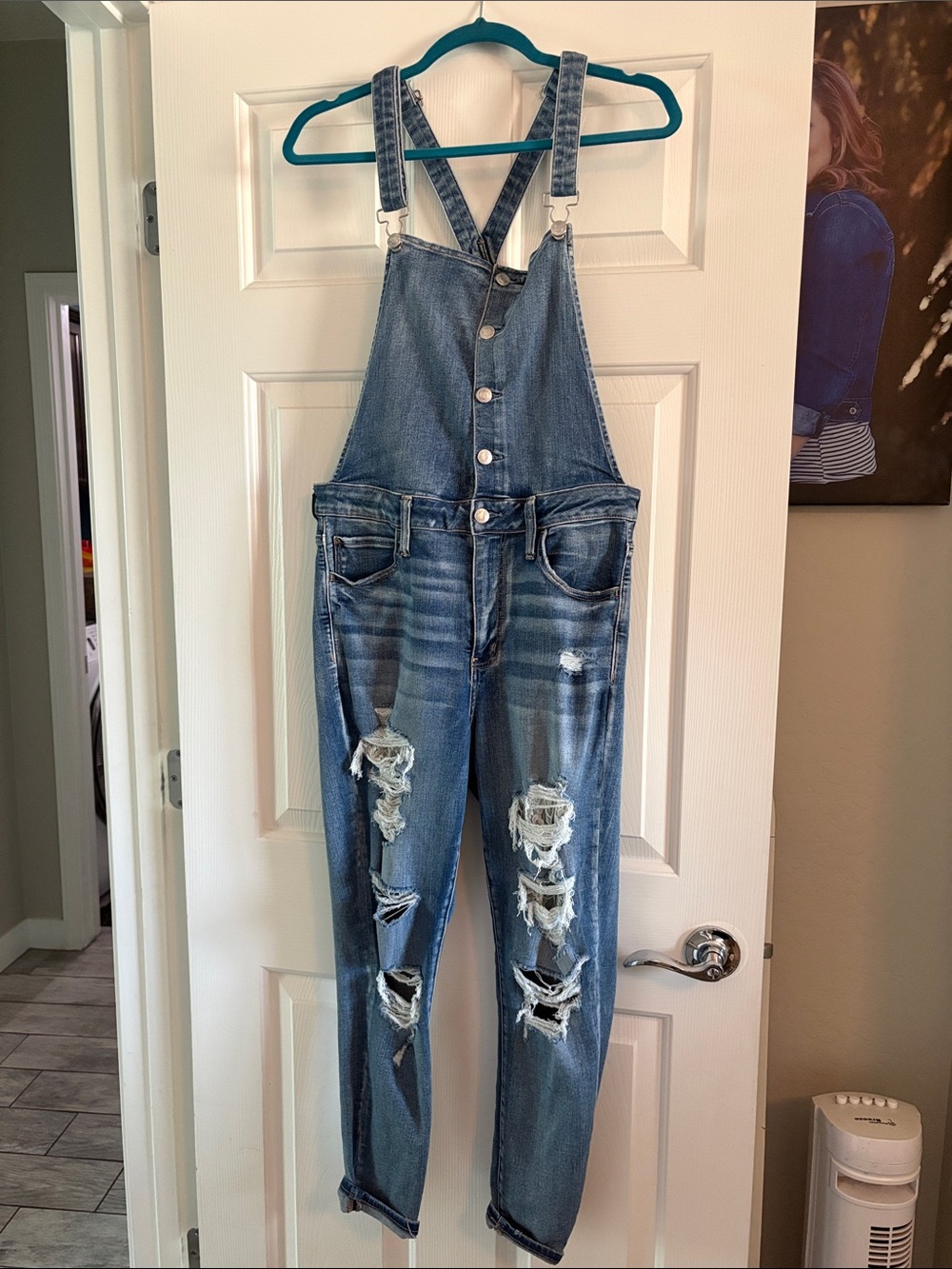American Eagle Distressed Blue Denim Overalls Size 12